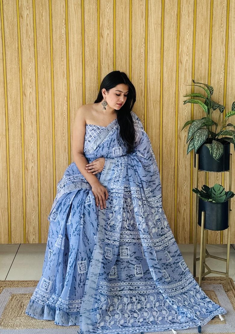 Light Blue Printed Linen Saree Set
