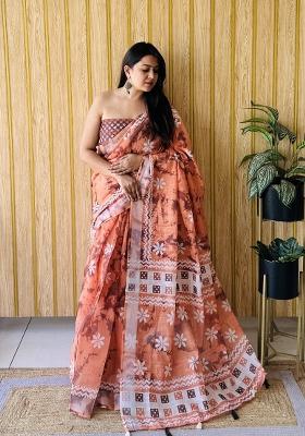 Orange Printed Linen Saree Set