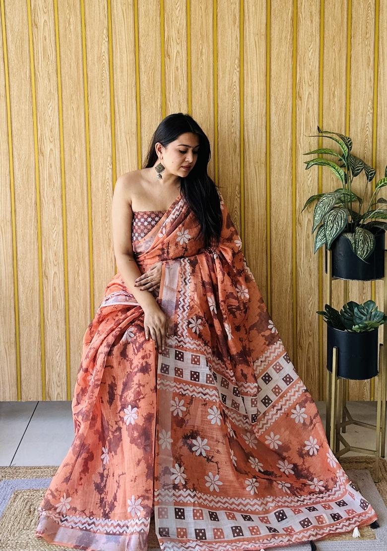 Orange Printed Linen Saree Set