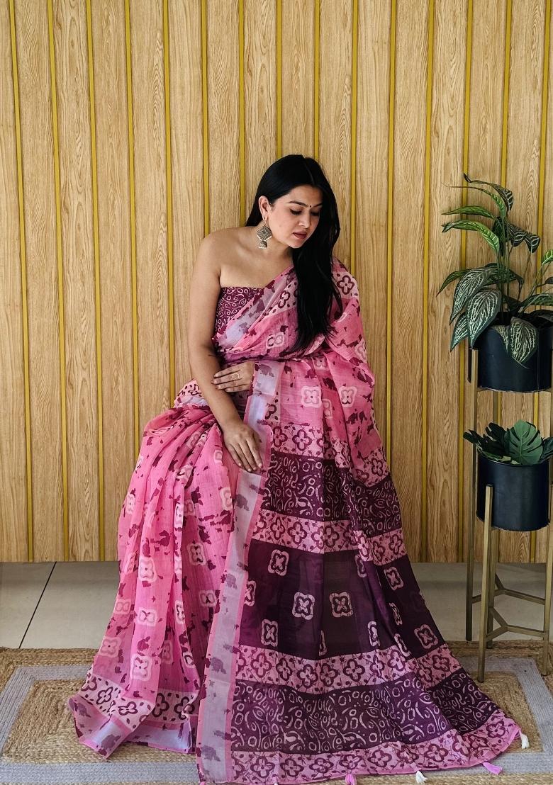 Purple Printed Linen Saree Set