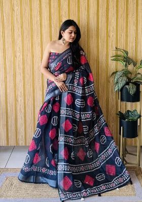 Navy Blue Printed Linen Saree Set