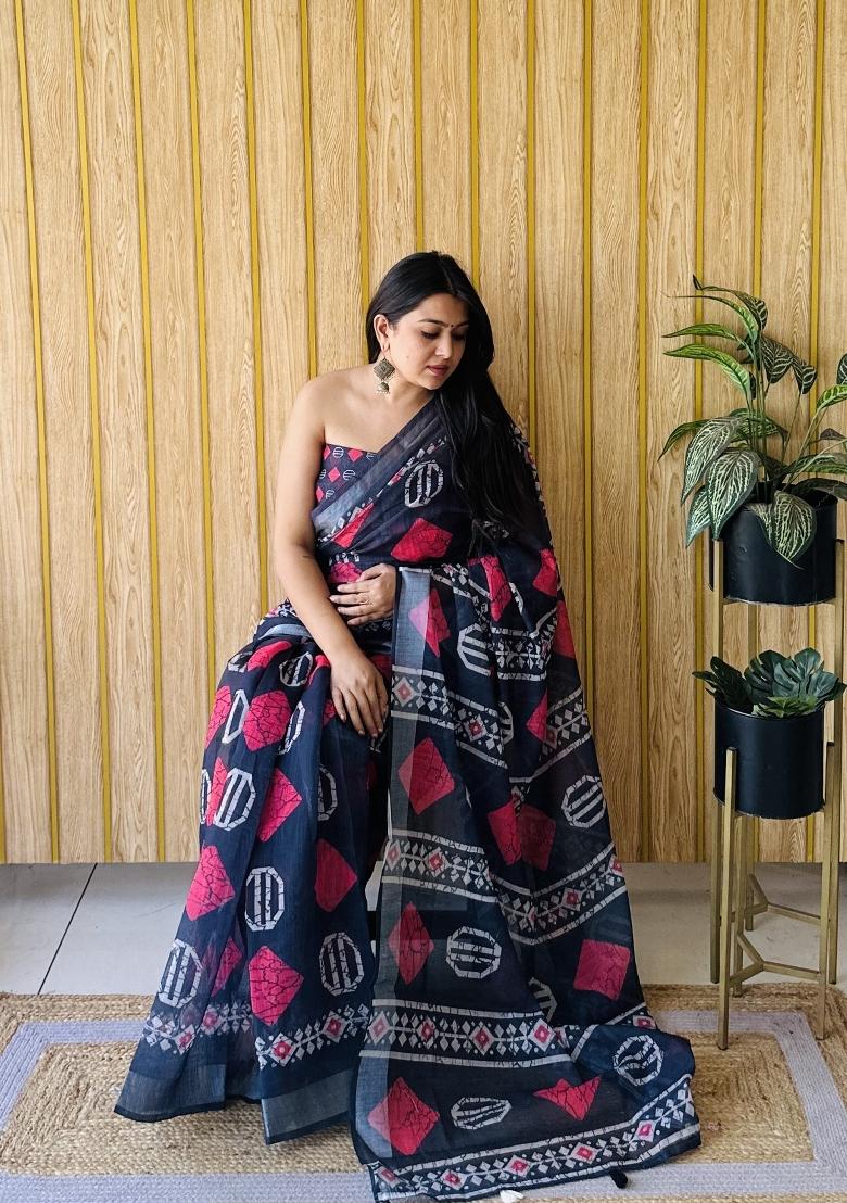Navy Blue Printed Linen Saree Set