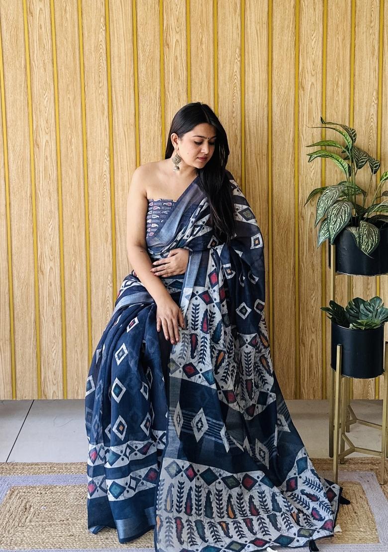 Grey Printed Linen Saree Set