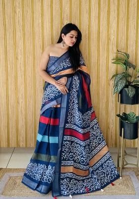Blue Printed Linen Saree Set