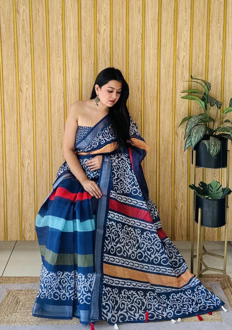 Blue Printed Linen Saree Set