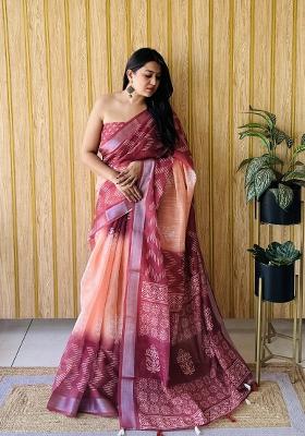 Peach Printed Linen Saree Set