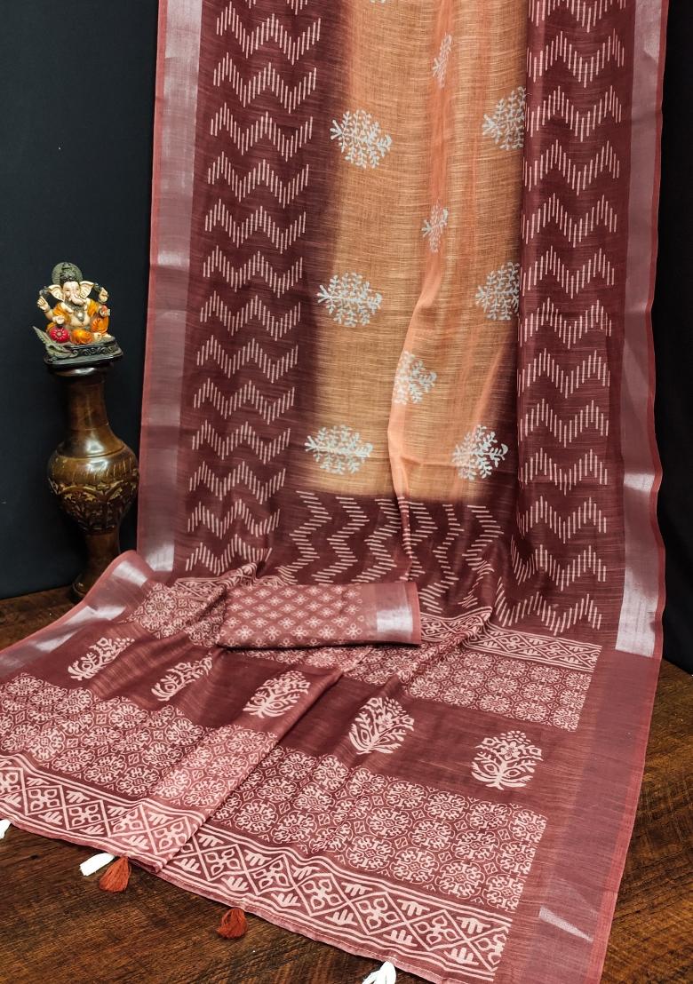 Peach Printed Linen Saree Set