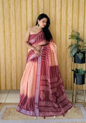 Light Brown Printed Linen Saree Set