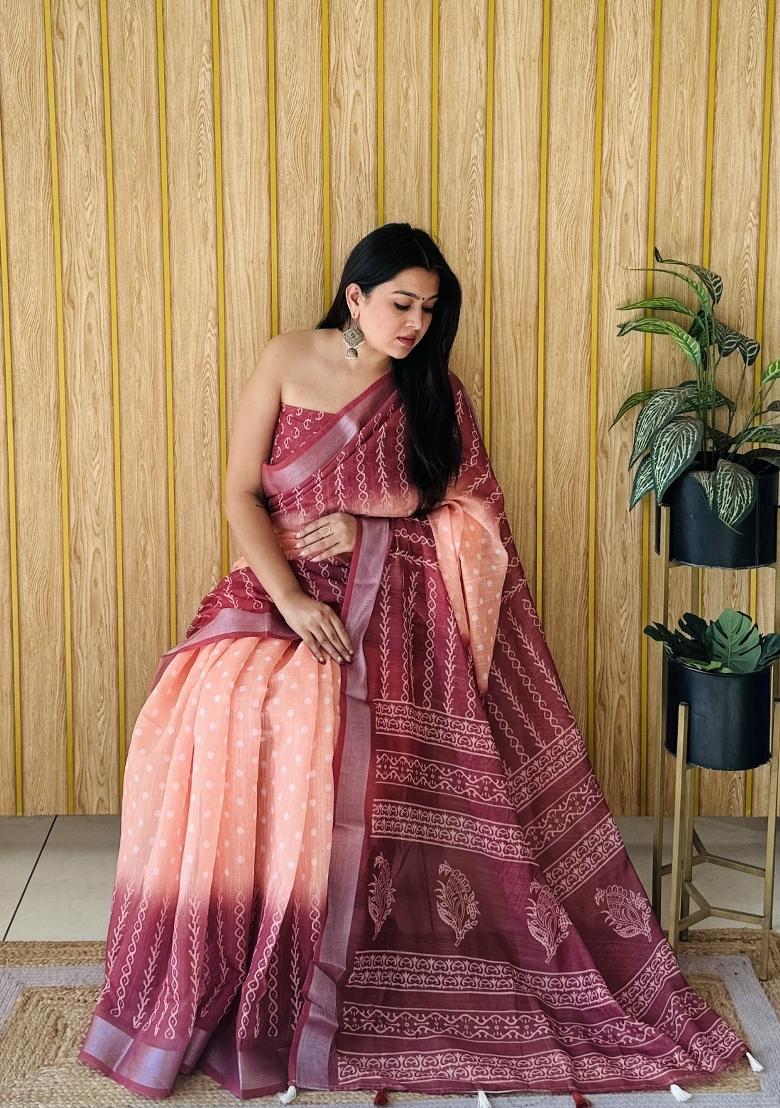 Light Brown Printed Linen Saree Set