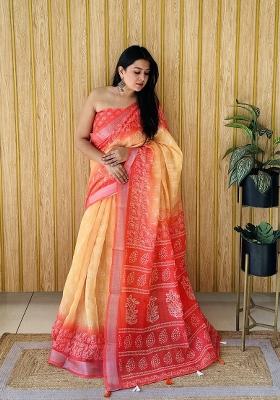 Pink Printed Linen Saree Set
