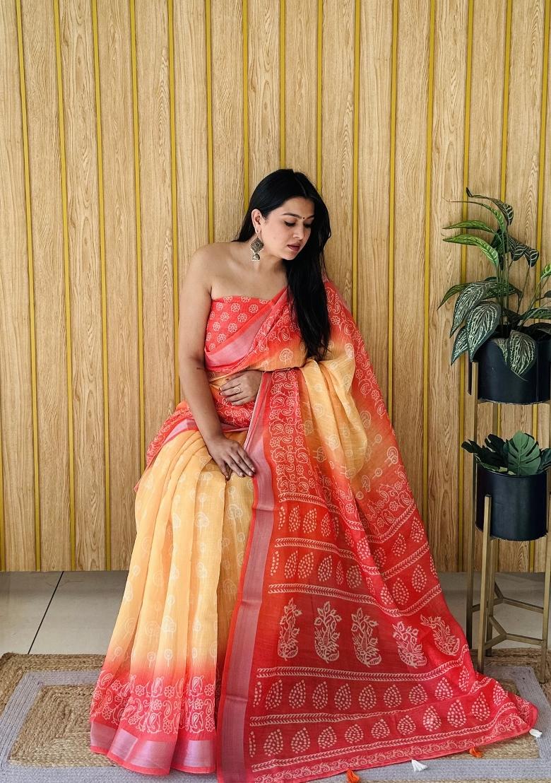 Pink Printed Linen Saree Set