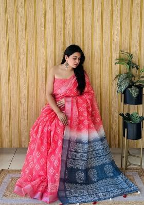 Rani Pink Printed Linen Saree Set