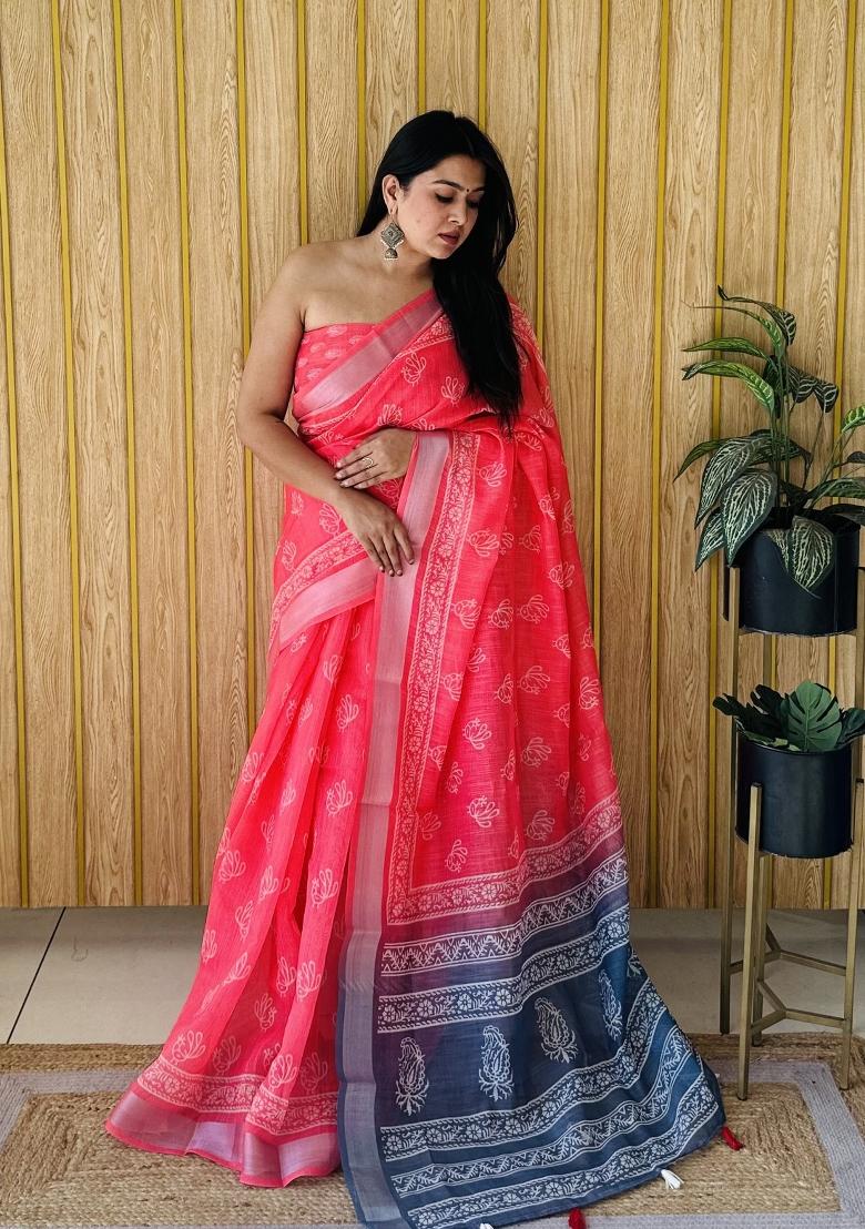 Rani Pink Printed Linen Saree Set