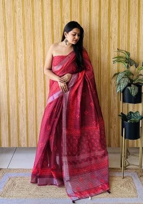 Red Printed Linen Saree Set