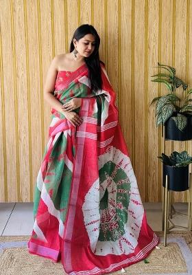 Red Printed Linen Saree Set