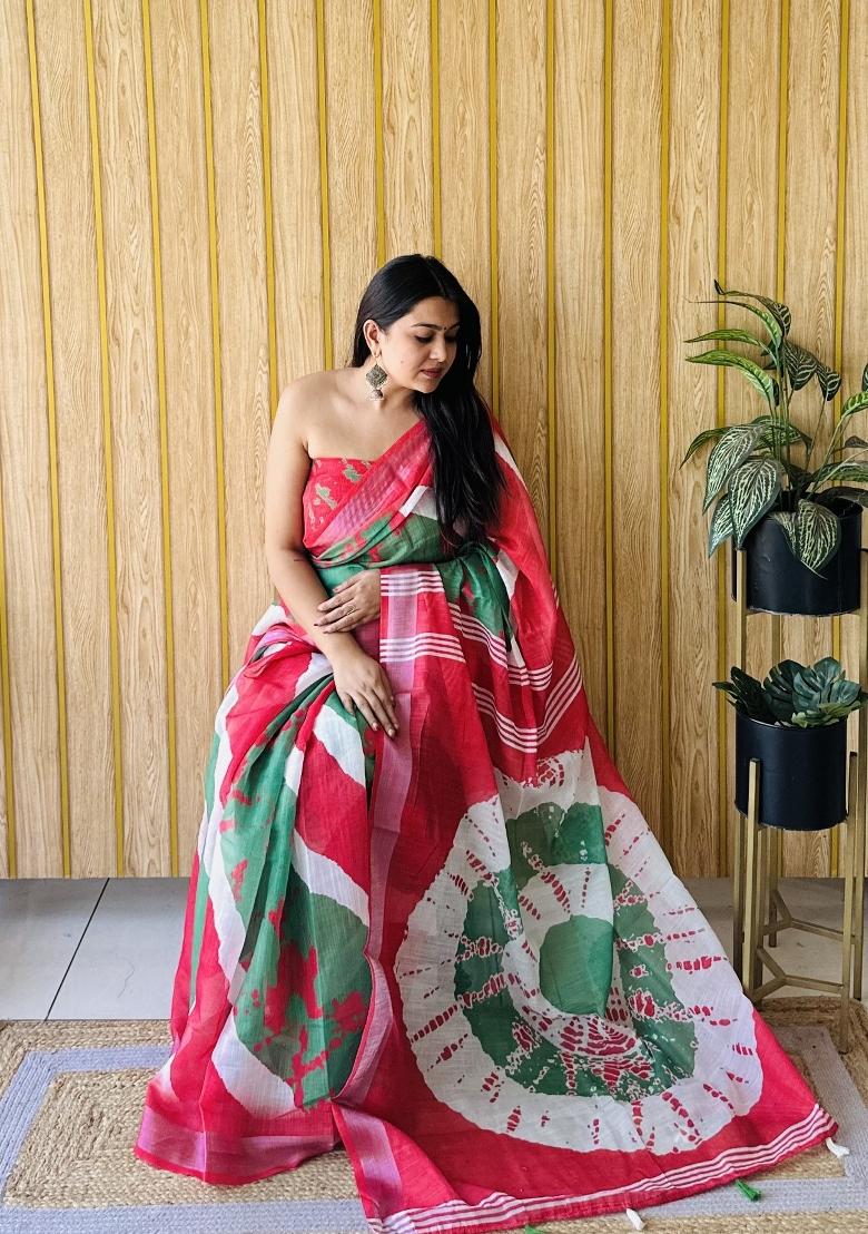 Red Printed Linen Saree Set