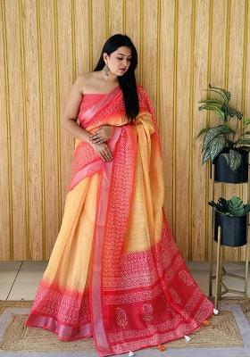 Yellow Printed Linen Saree Set