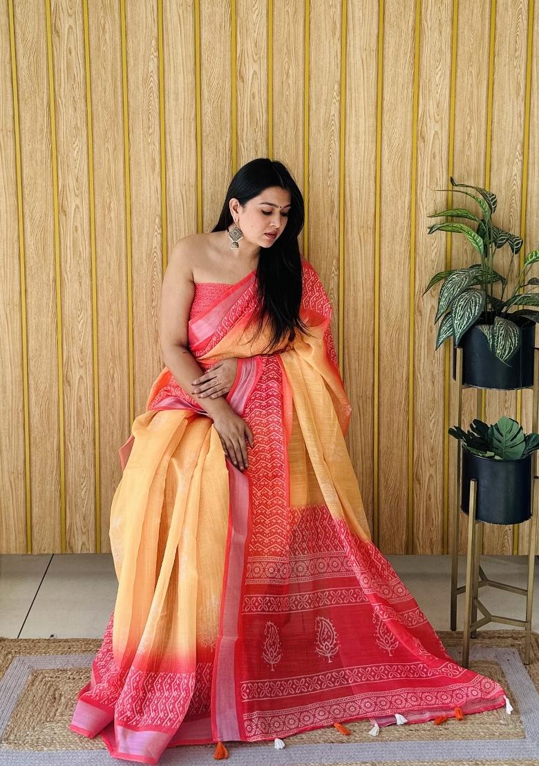 Yellow Printed Linen Saree Set