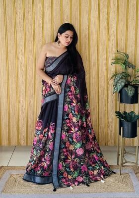 Black Printed Linen Saree Set