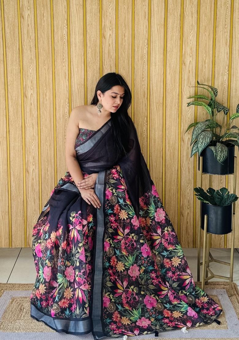 Black Printed Linen Saree Set