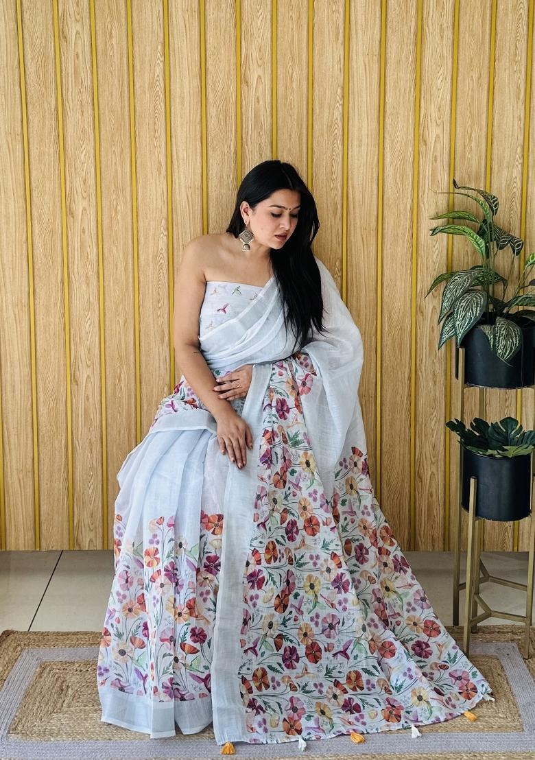 Blue Printed Linen Saree Set