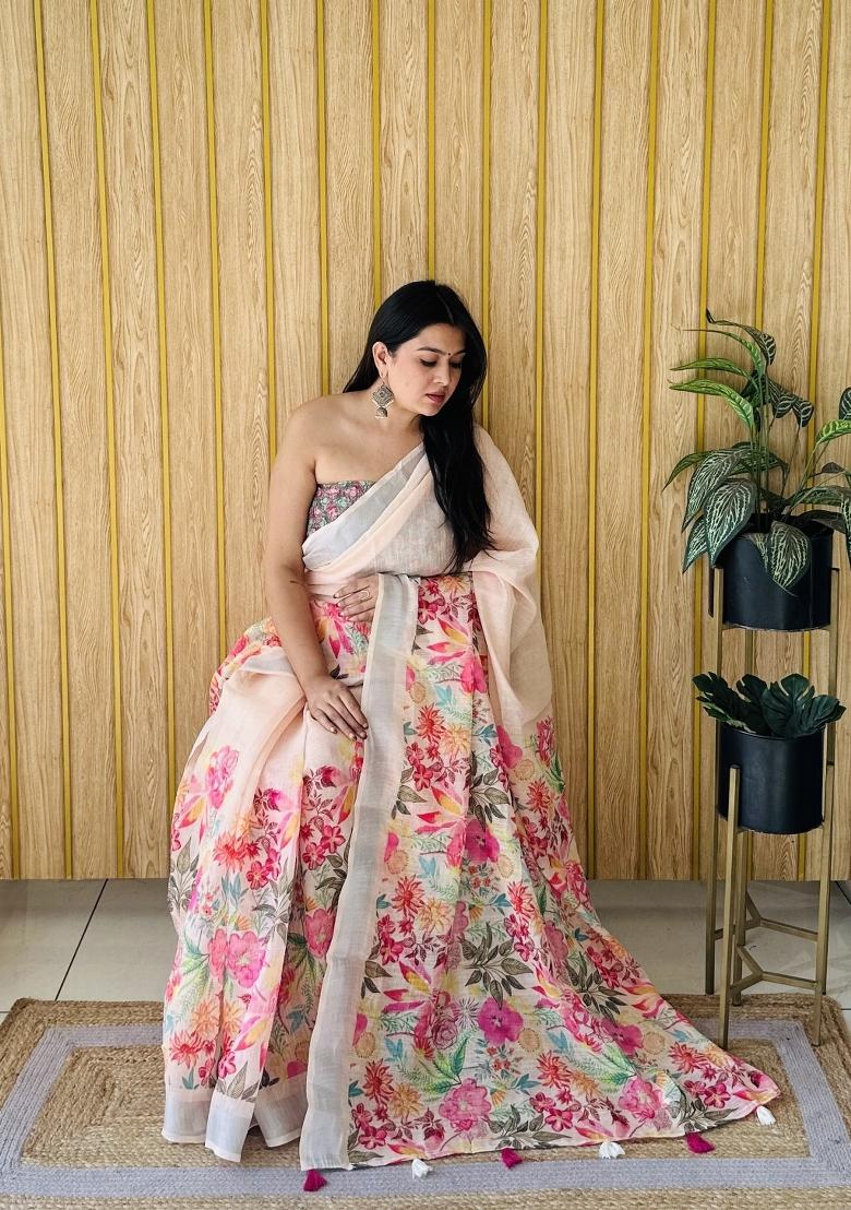 Peach Printed Linen Saree Set