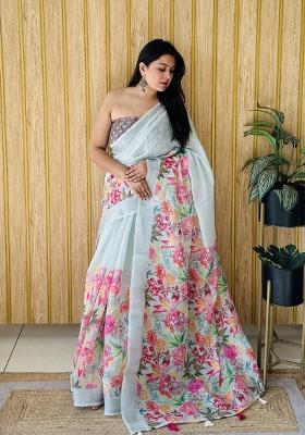 Sky Blue Printed Linen Saree Set
