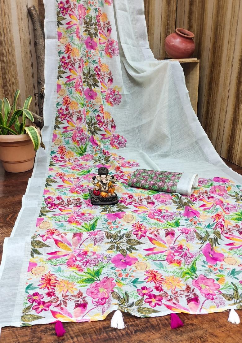 Sky Blue Printed Linen Saree Set