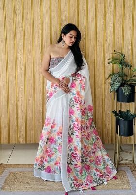 Multi Printed Linen Saree Set