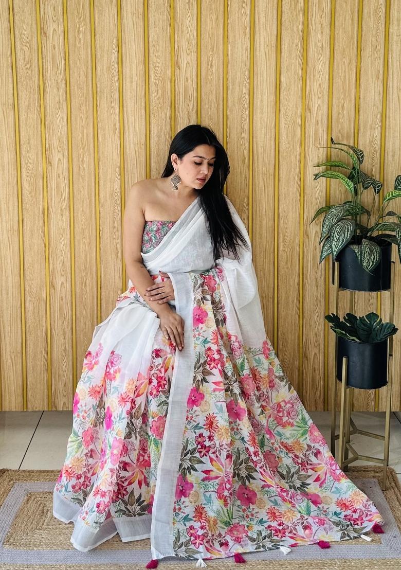 Multi Printed Linen Saree Set