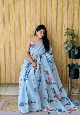 Blue Printed Linen Saree Set
