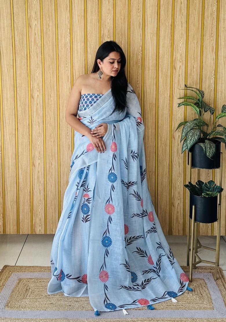 Blue Printed Linen Saree Set