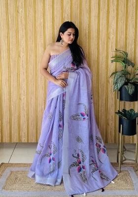 Lavender Printed Linen Saree Set