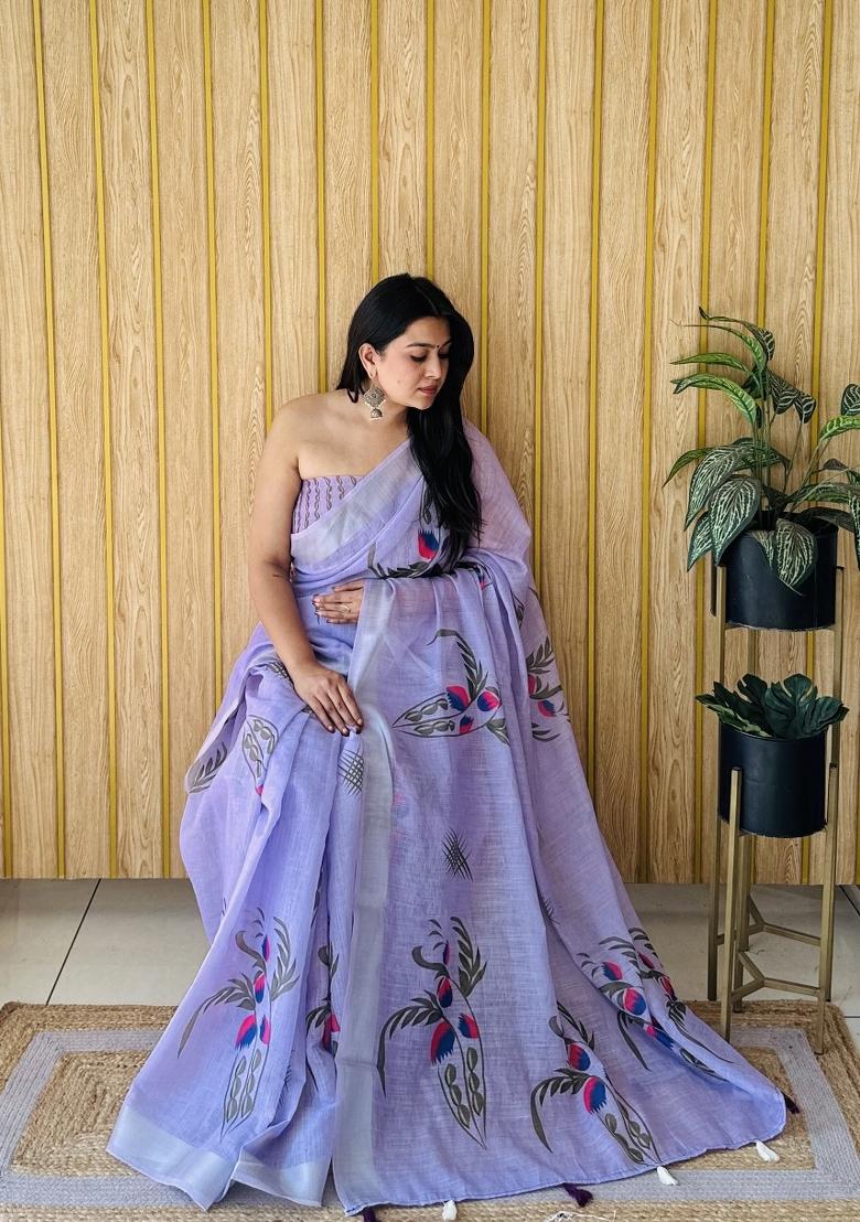 Lavender Printed Linen Saree Set