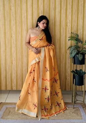 Orange Printed Linen Saree Set