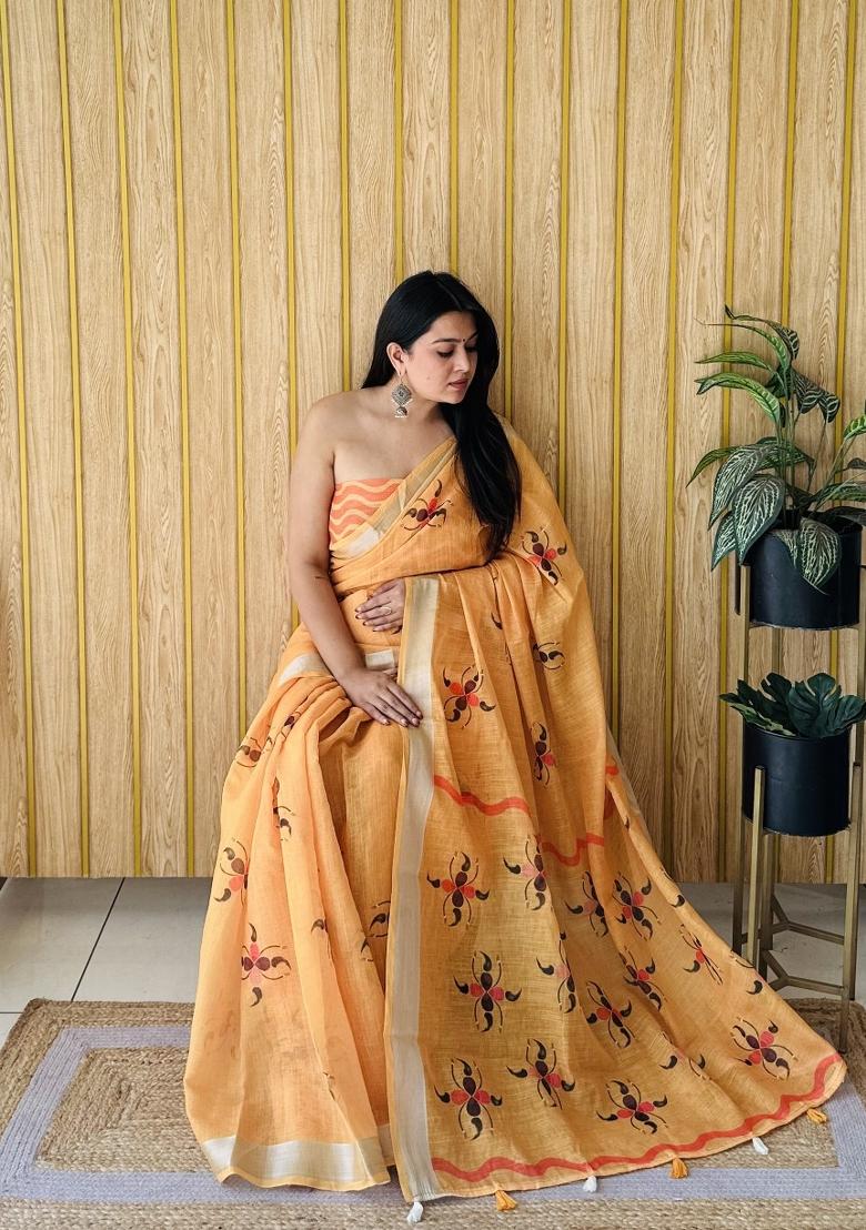 Orange Printed Linen Saree Set