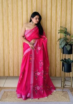 Pink Printed Linen Saree Set