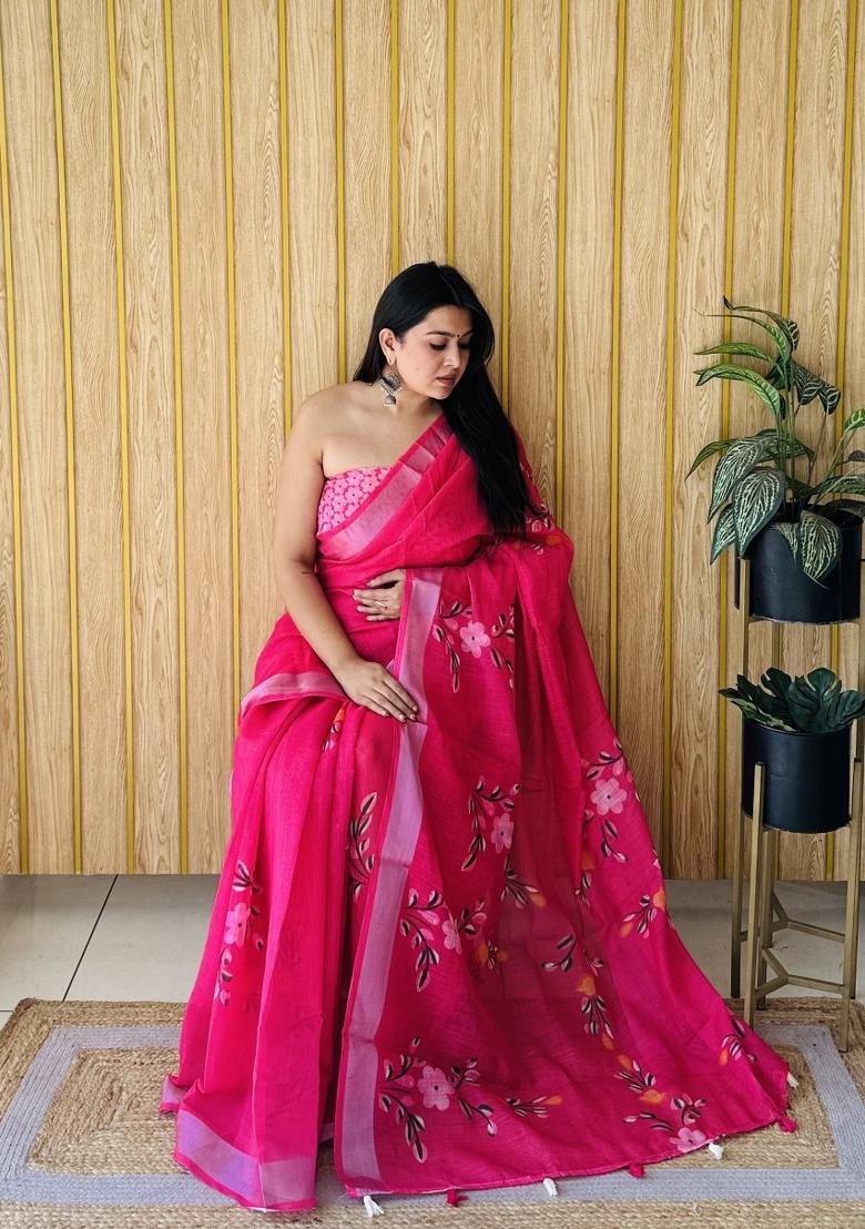 Pink Printed Linen Saree Set