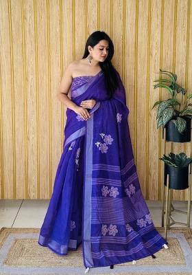 Purple Printed Linen Saree Set