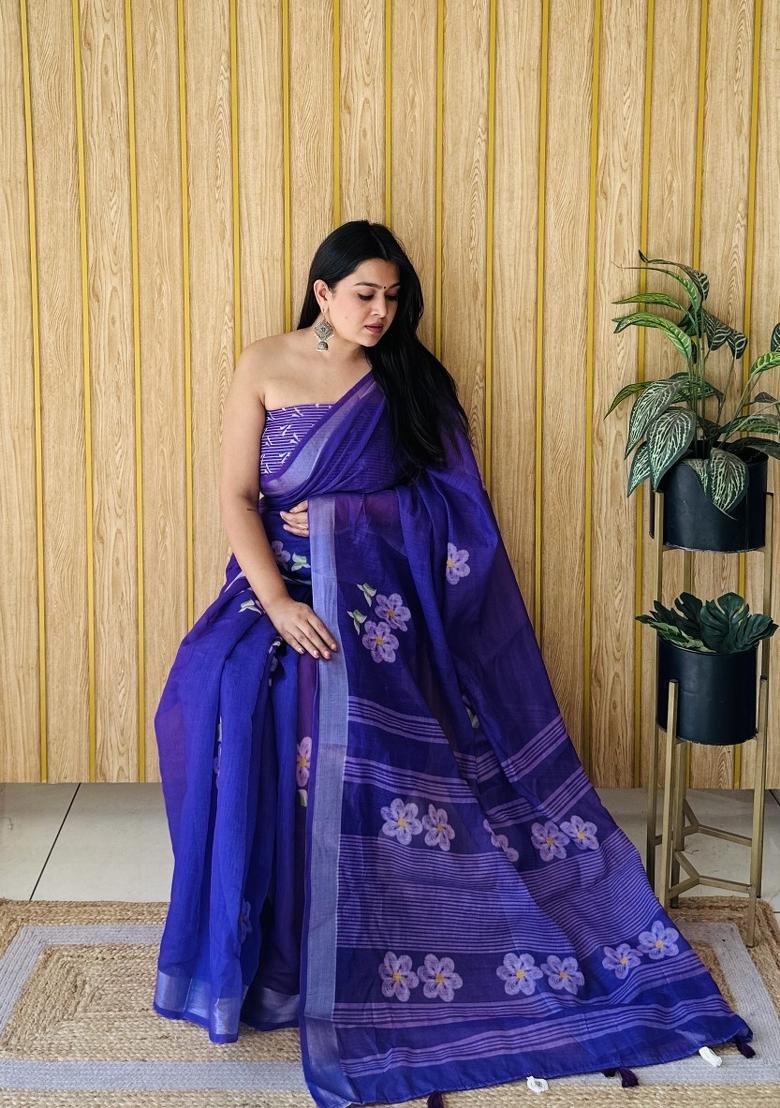 Purple Printed Linen Saree Set