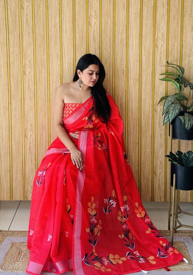 Red Printed Linen Saree Set