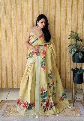 Yellow Printed Linen Saree Set
