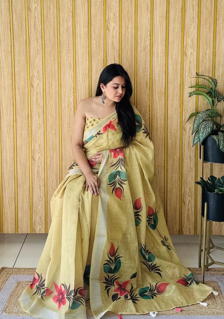 Yellow Printed Linen Saree Set