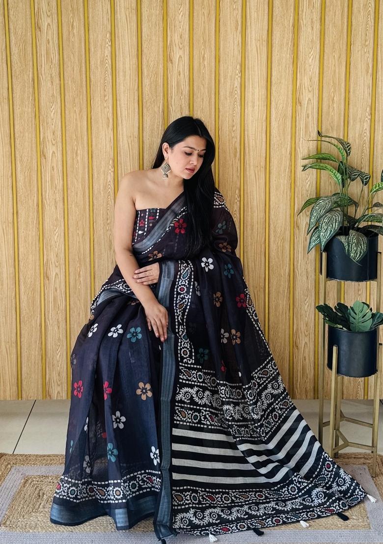 Black Printed Linen Saree Set