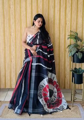 Red Printed Linen Saree Set