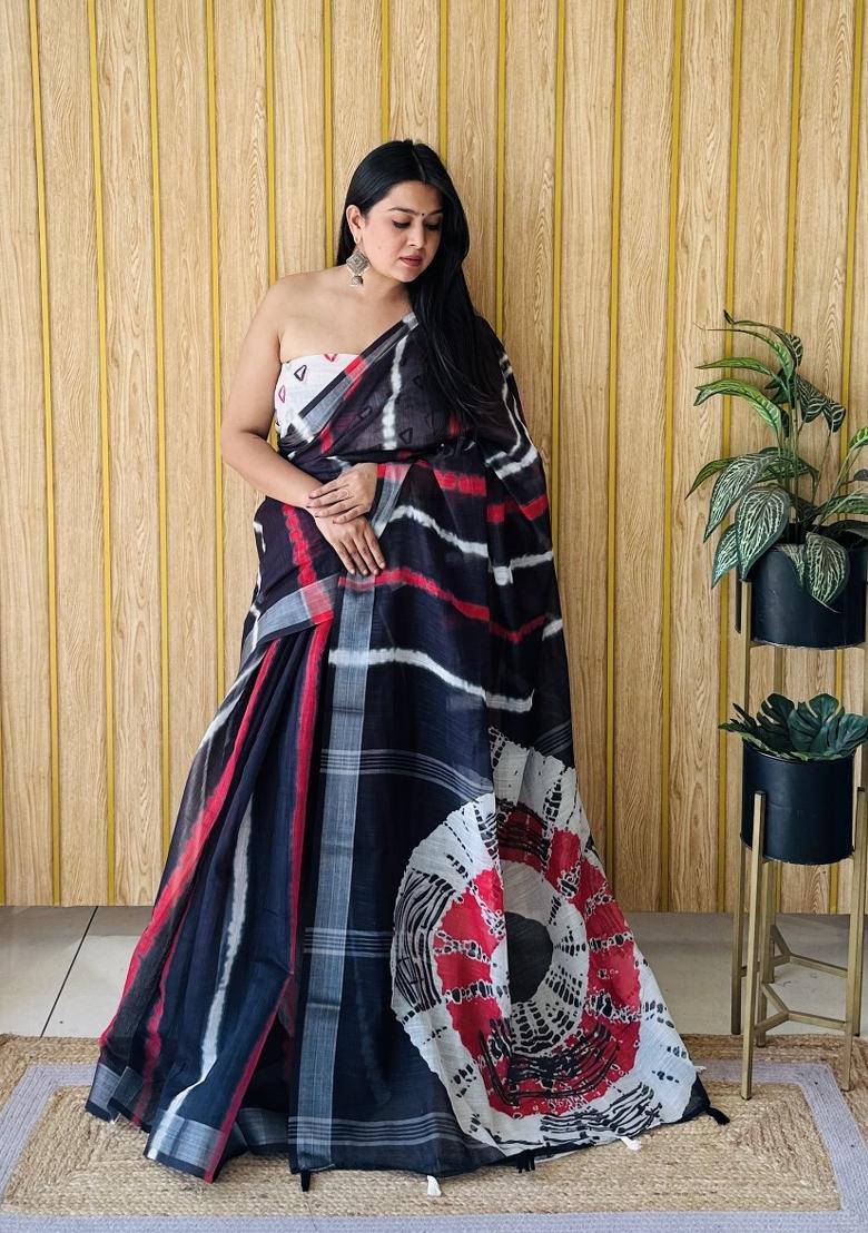 Red Printed Linen Saree Set