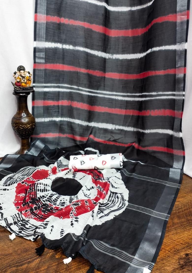 Red Printed Linen Saree Set