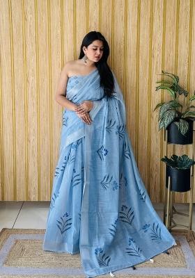 Blue Printed Linen Saree Set