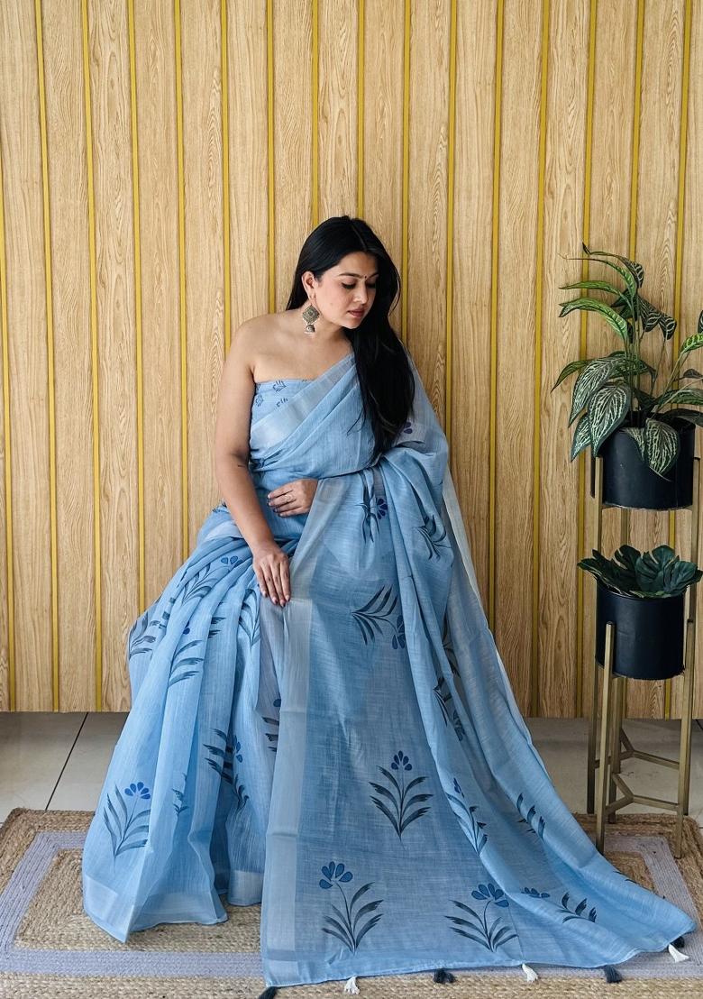 Blue Printed Linen Saree Set
