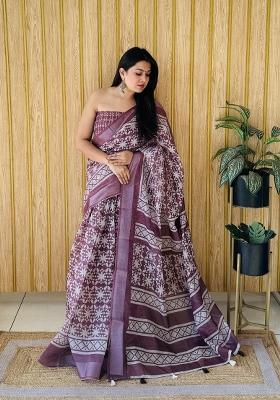 Brown Printed Linen Saree Set